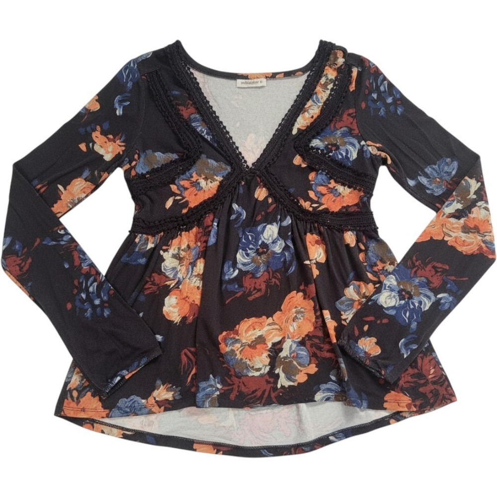 Maeve Anthropologie Floral Crochet Lace V-Neck Peplum Top XXS Black
